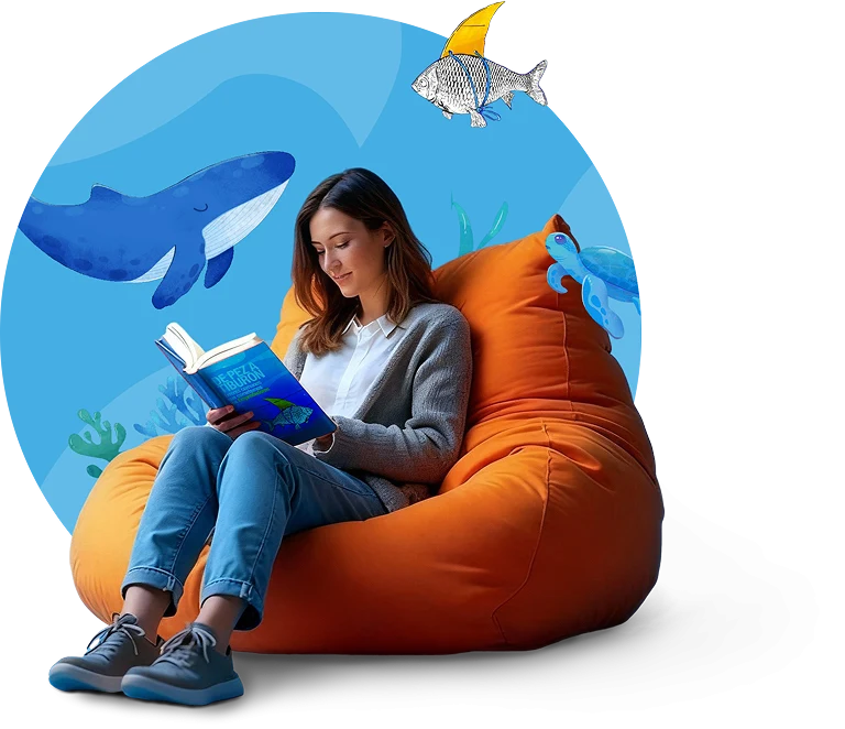 Mujer leyendo en un puf naranja rodeada de ilustraciones marinas